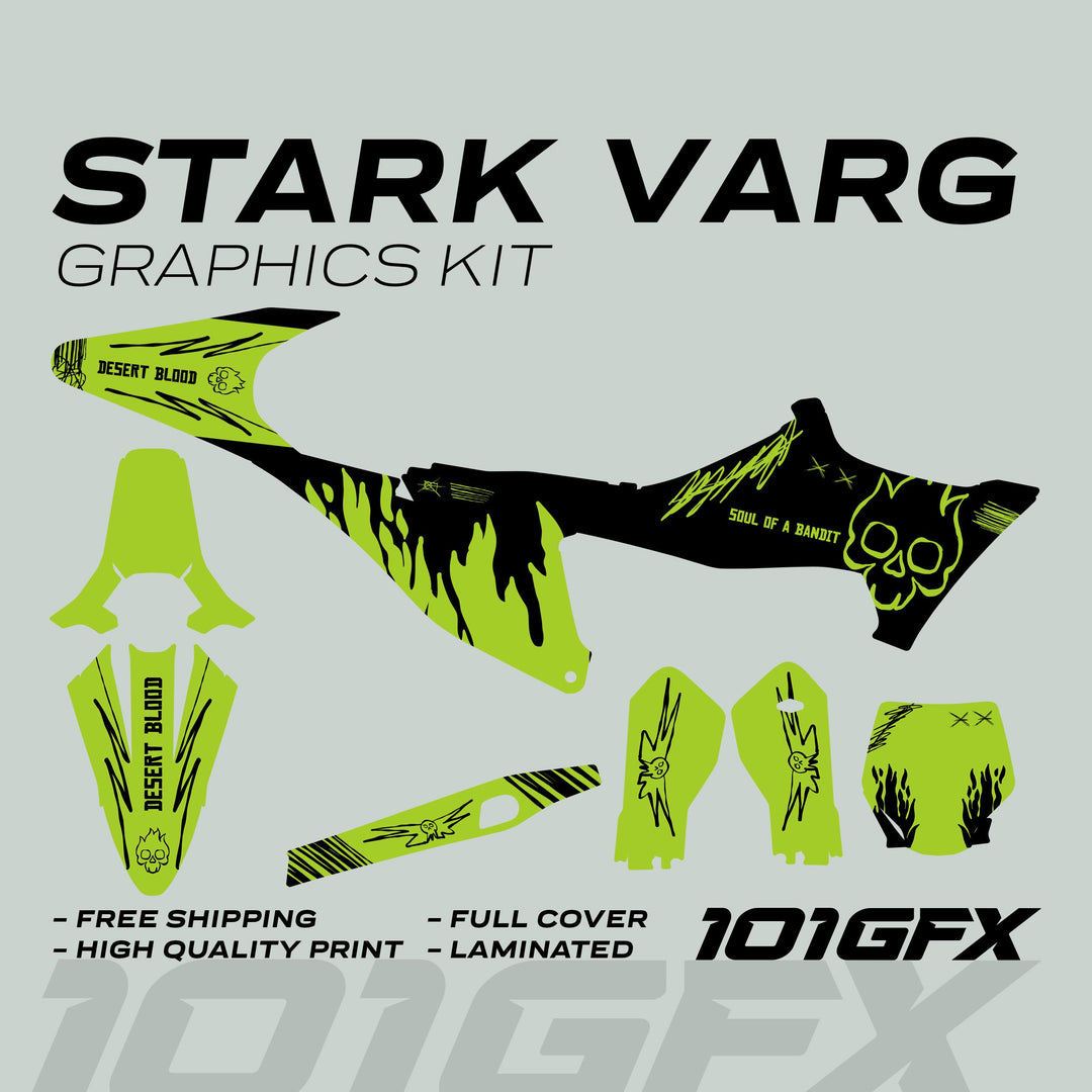 Stark Varg Graphics Kit SOUL FLAME Black Green Decals Stickers Laminated Skull Grunge Burn Emoto