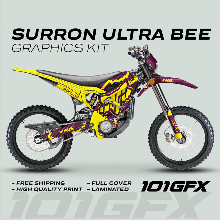 Surron Ultra Bee Graphics Kit FOX STRIPES Purper Yellow Decals Stickers Laminated Fox Racing eBike Sur-Ron Ultra Decals Wrap Protection