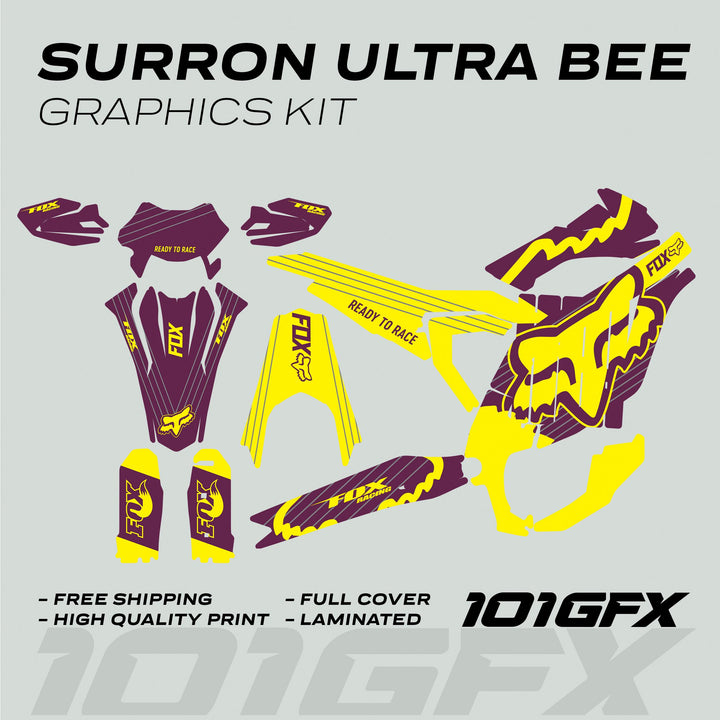 Surron Ultra Bee Graphics Kit FOX STRIPES Purper Yellow Decals Stickers Laminated Fox Racing eBike Sur-Ron Ultra Decals Wrap Protection