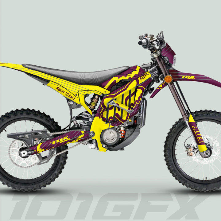 Surron Ultra Bee Graphics Kit FOX STRIPES Purper Yellow Decals Stickers Laminated Fox Racing eBike Sur-Ron Ultra Decals Wrap Protection