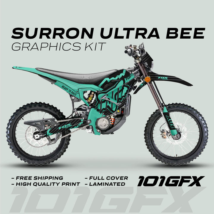 Surron Ultra Bee Graphics Kit FOX STRIPES Black Mint Decals Stickers Laminated Fox Racing eBike Sur-Ron Ultra Decals Wrap Protection