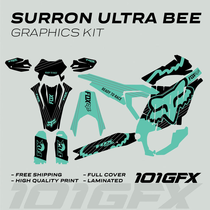 Surron Ultra Bee Graphics Kit FOX STRIPES Black Mint Decals Stickers Laminated Fox Racing eBike Sur-Ron Ultra Decals Wrap Protection